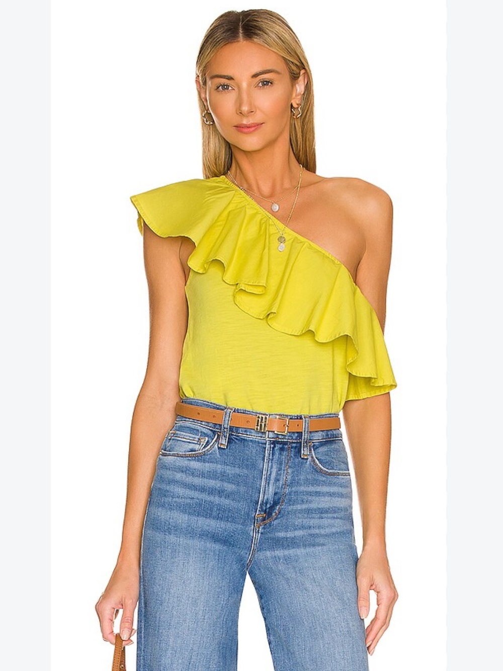 Nation LTD Noella Ruffle One-Shoulder Ruffle Tank Top in Chartreuse Size Small